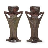 European Art NouveauPair of Candlesticks in Female Bust Form, early 20th century Patinated bronze