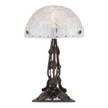 French SchoolA Frosted Glass and Wrought Iron Table Lamp, circa 1925 Molded and frosted glass,