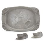 Kayserzinn (German, active 1862-1925)Two Pewter Egg Cups and Egg Tray, Cologne, Germany, circa