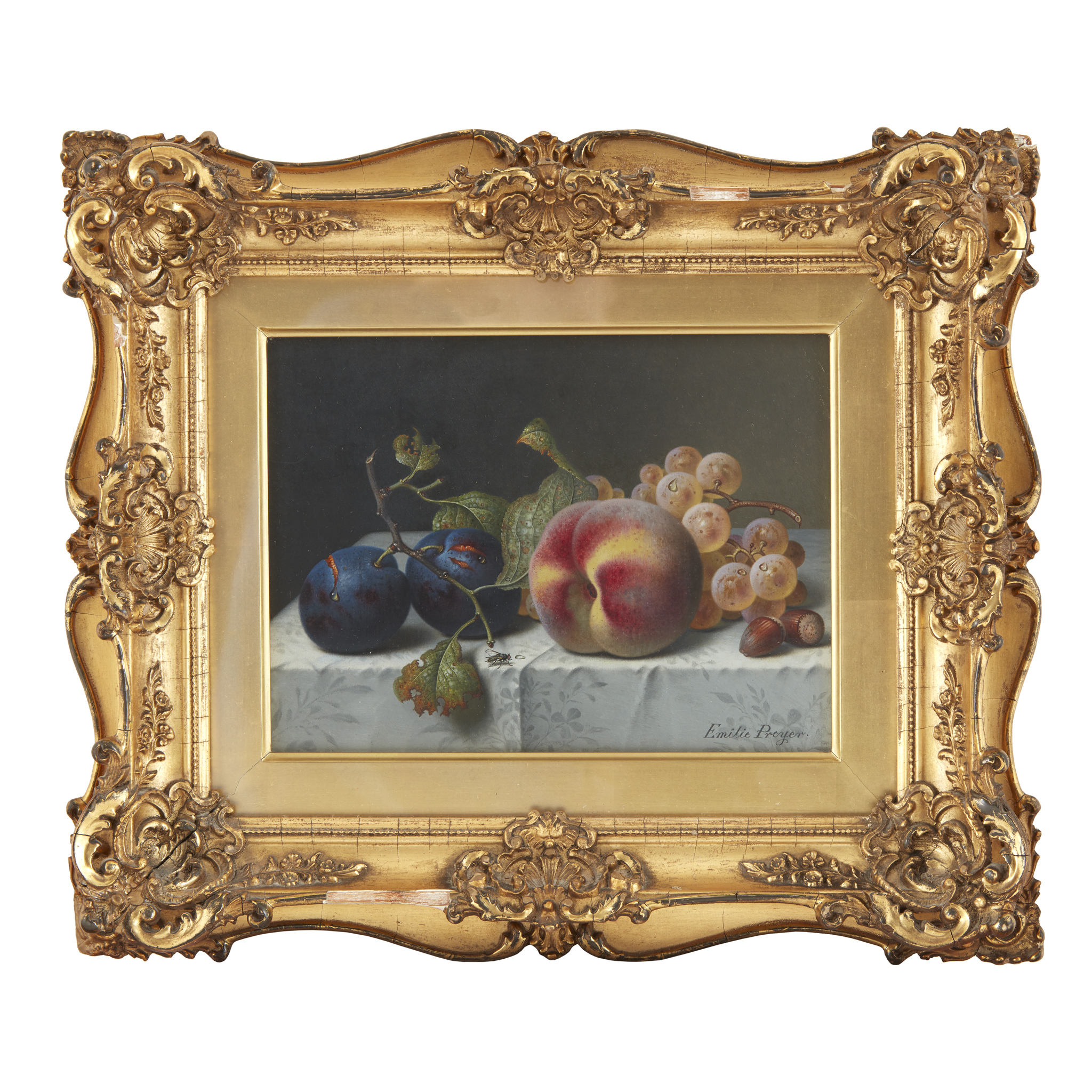 Emilie Preyer (German, 1849–1930) Still Life with Peach, Plums, Grapes and Hazelnuts with Fly on a - Image 5 of 5