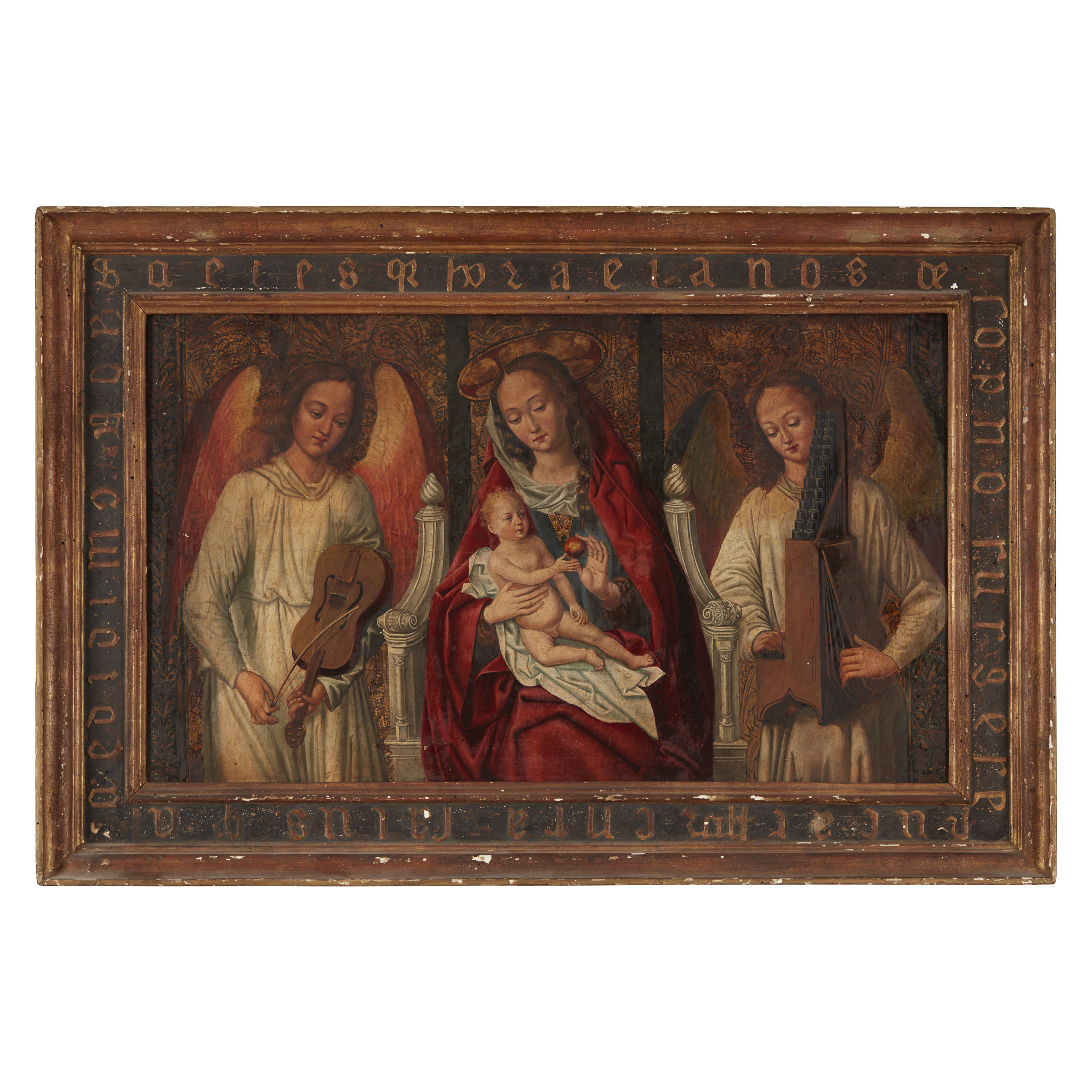 Spanish School (Circa 1900 or earlier) Virgin and Child with Angel Musicians Oil with gold ground on