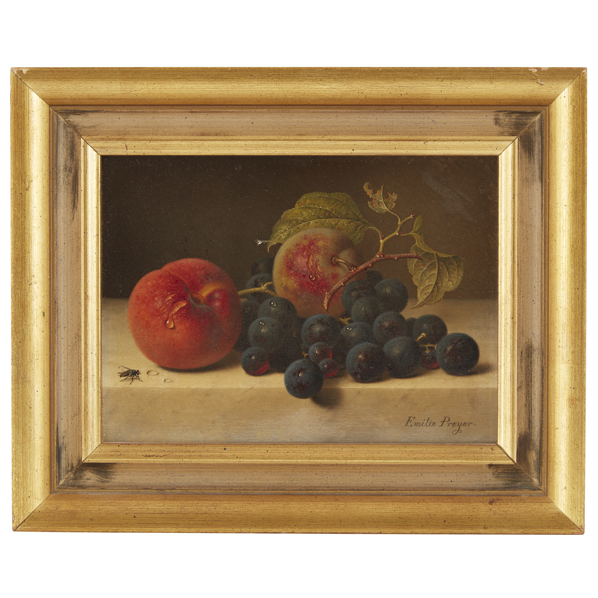 Emilie Preyer (German, 1849–1930) Still Life with Peach, Plums, Grapes and Hazelnuts with Fly on a - Image 2 of 5