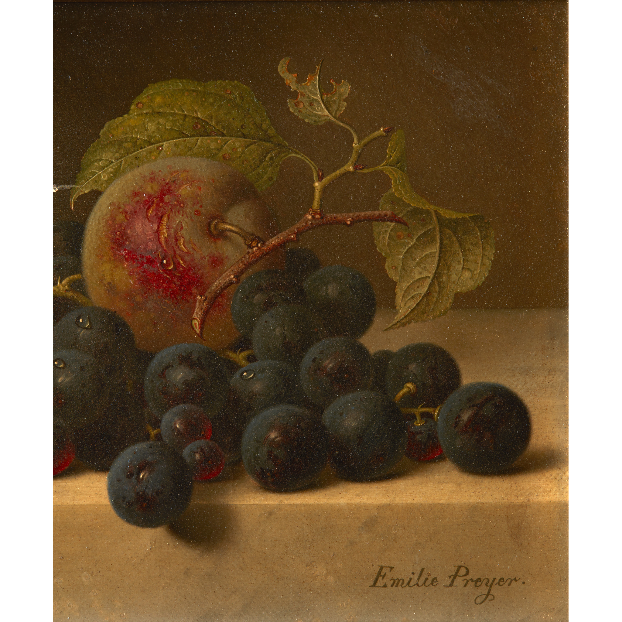 Emilie Preyer (German, 1849–1930) Still Life with Peach, Plums, Grapes and Hazelnuts with Fly on a - Image 3 of 5