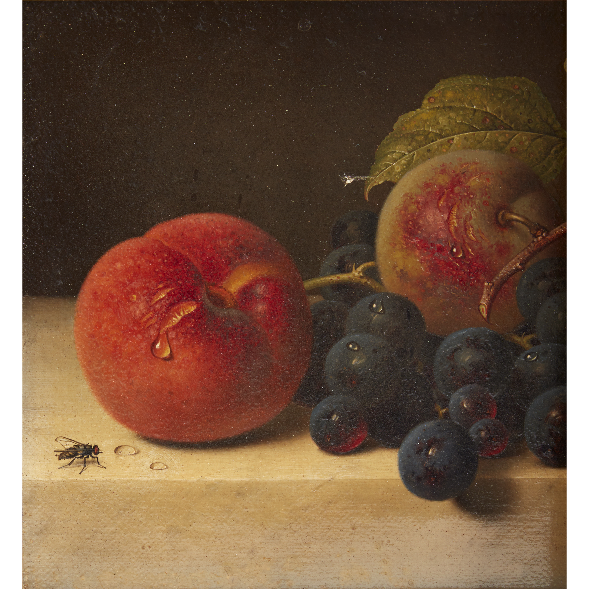 Emilie Preyer (German, 1849–1930) Still Life with Peach, Plums, Grapes and Hazelnuts with Fly on a - Image 4 of 5