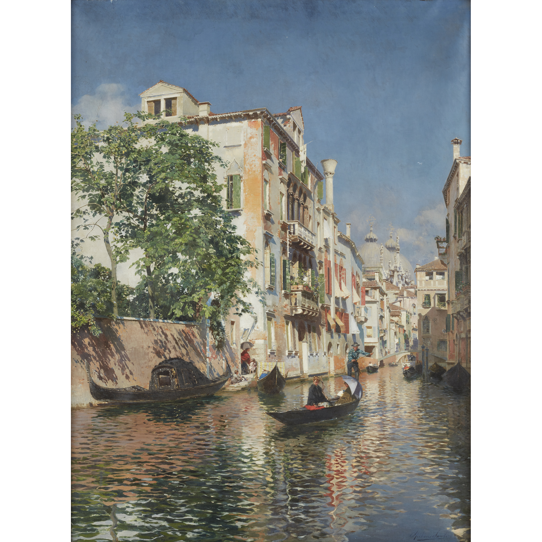 Rubens Santoro (Italian, 1859–1942) A Venetian Canal, with Saint Mark's Basilica in the Distance