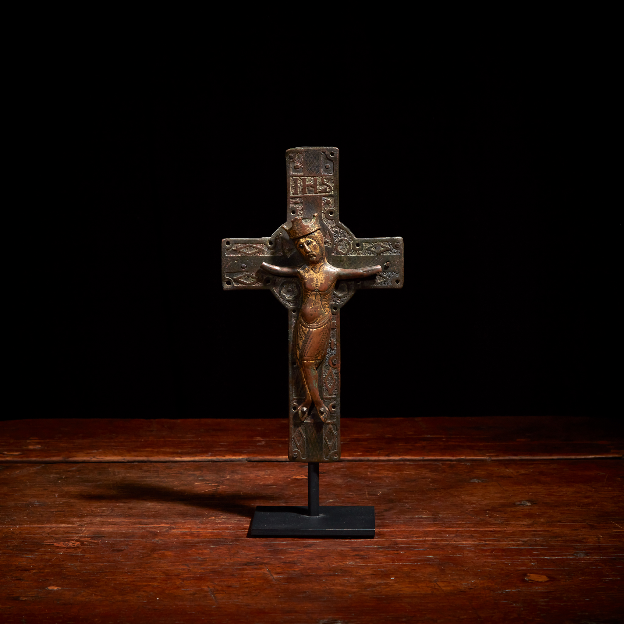 A Limoges gilt-copper and champlevé enamel crucifix, 13th century