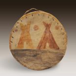 A Plains double-sided painted hide pictorial hand drum, Late 19th century