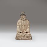 A small Chinese carved and painted wood figure of a seated bodhisattva, Yuan/Ming dynasty