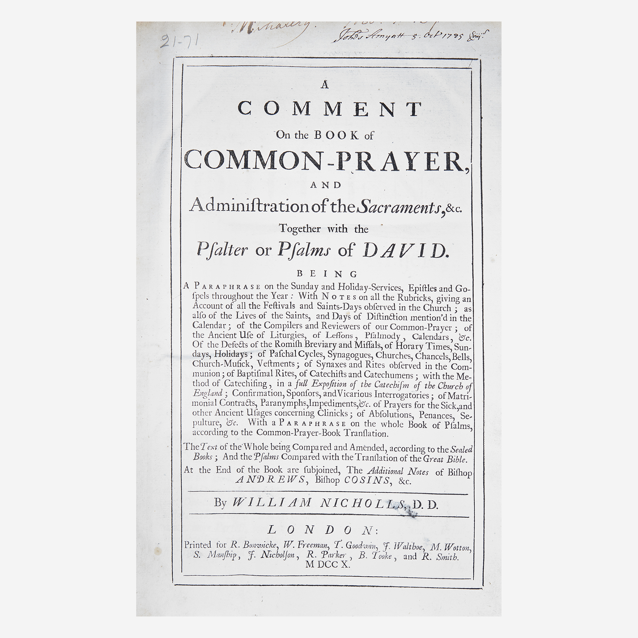 [Religion] Nicholls, William, A Comment on the Book of Common-Prayer, and Administration of the Sacr - Image 2 of 2