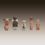 Five Hopi carved and painted cottonwood root Katsina Dolls, Early 20th century