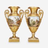 A pair of Restauration Paris porcelain parcel-gilt and hand-painted vases, Second quarter 19th centu