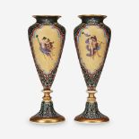 A pair of Napoleon III painted opaline glass vases in the Pompeiian taste, Third quarter 19th centur