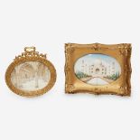 Two framed Indian miniatures with views of the Palace at Delhi and the Taj Mahal, 19th century