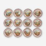 Twelve Paris porcelain parcel-gilt and hand-painted plates decorated with scenes of Europe, mid 19th