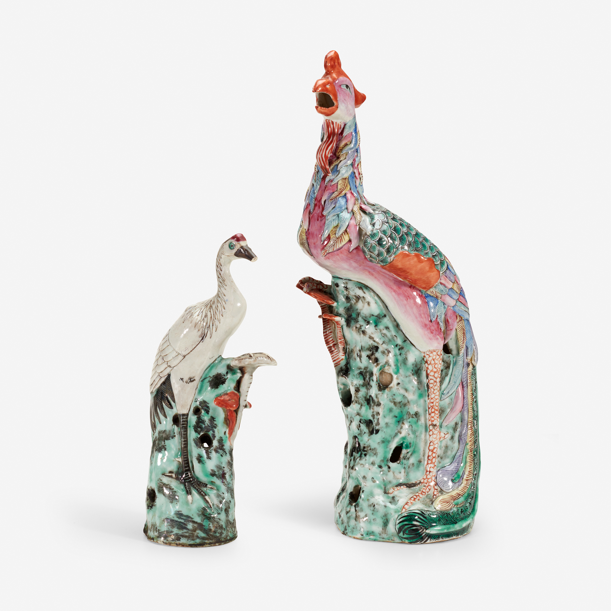 Two Chinese export porcelain polychrome enameled birds, 19th century
