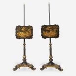 A pair of Regency chinoiserie lacquer pole screens, Second quarter 19th century