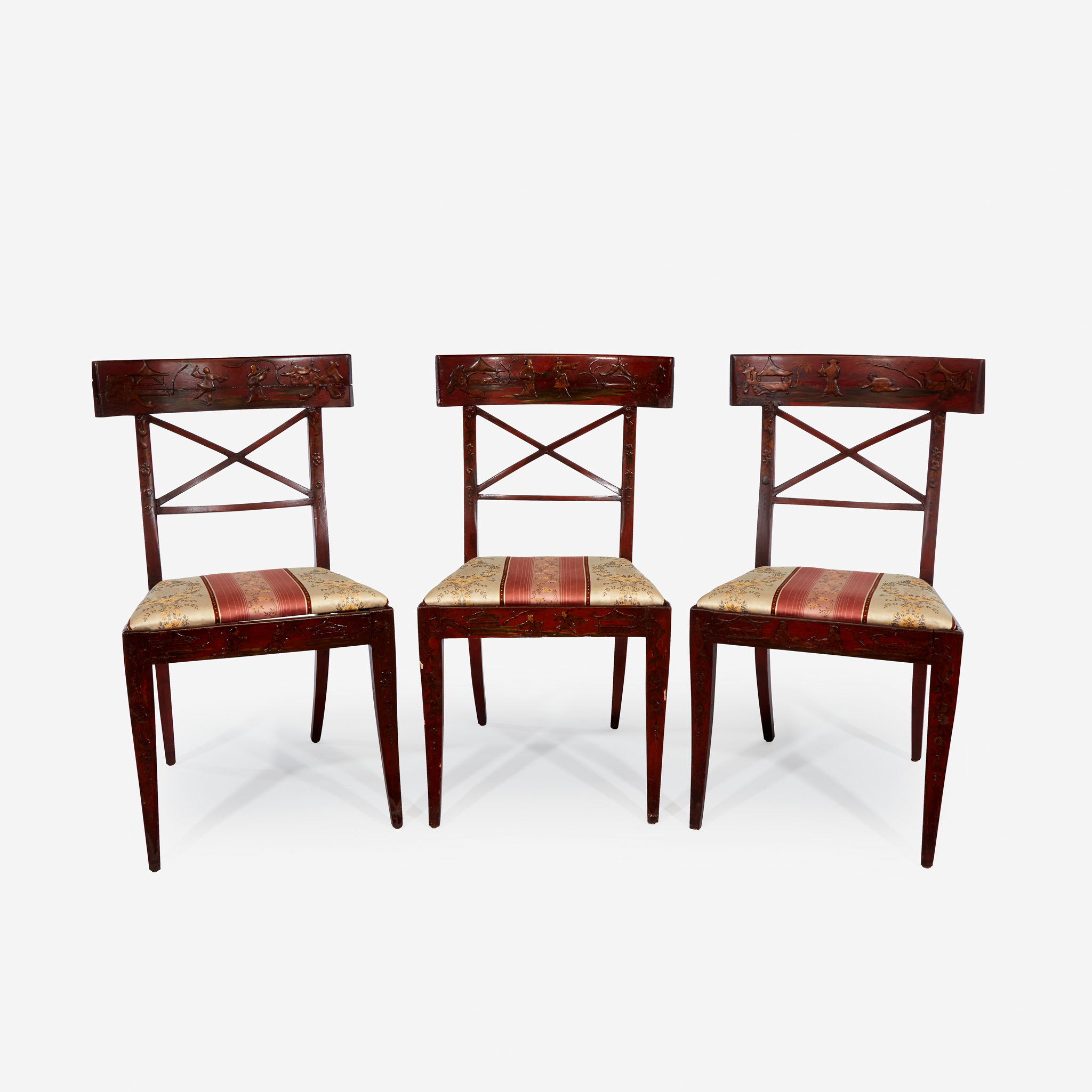 Three Regency chinoiserie red lacquer side chairs, First quarter 19th century