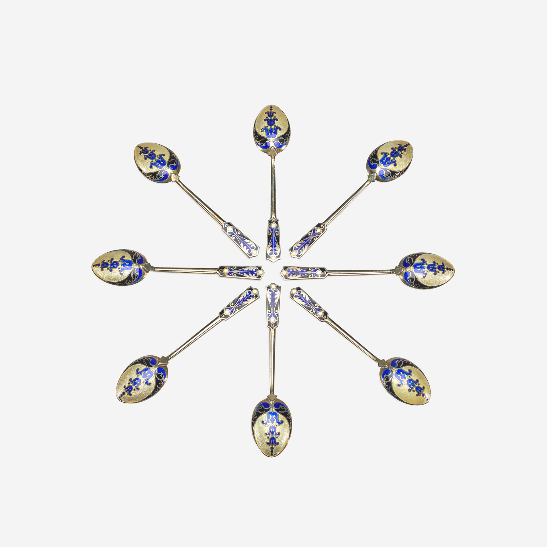 A cased set of English enameled sterling silver demitasse spoons, Turner & Simpson, Birmingham, earl - Image 3 of 3