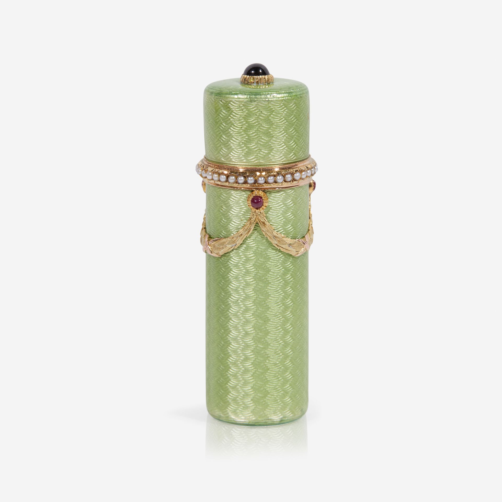 A Fabergé two color gold-mounted and gem-set guilloché-enameled perfume flask, Workmaster Henrik Wig