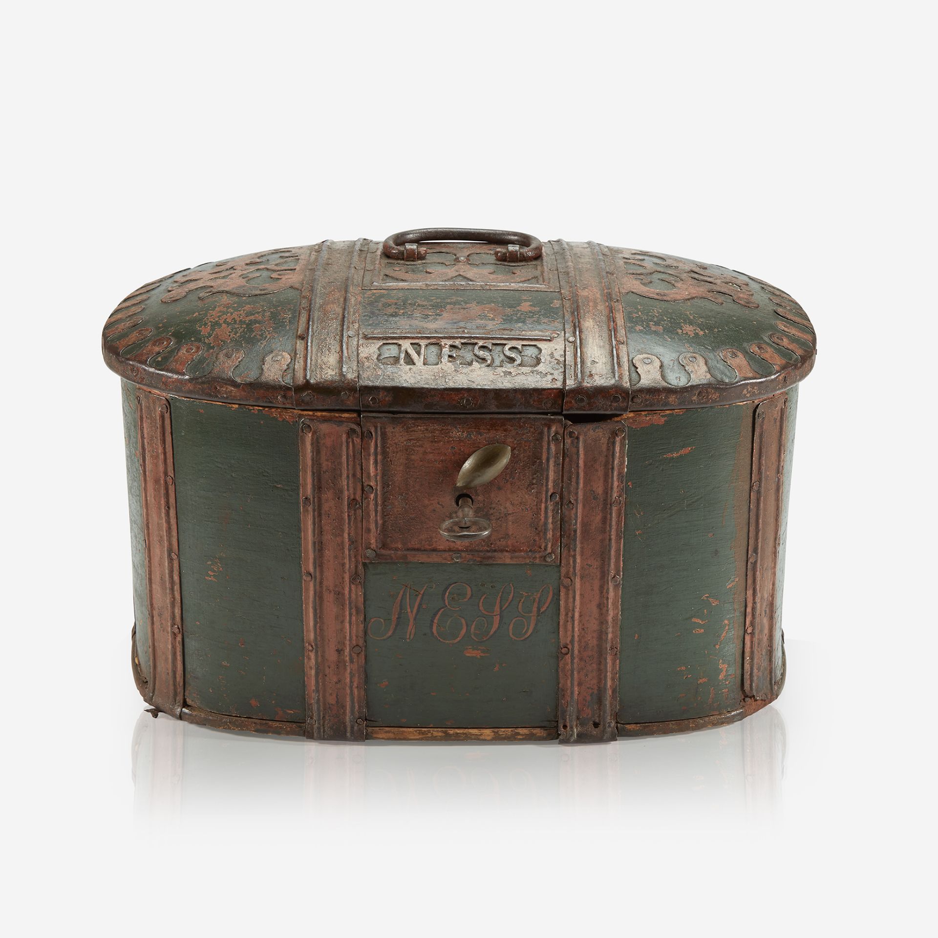 A Continental polychrome painted and iron-mounted box, Dated 1879