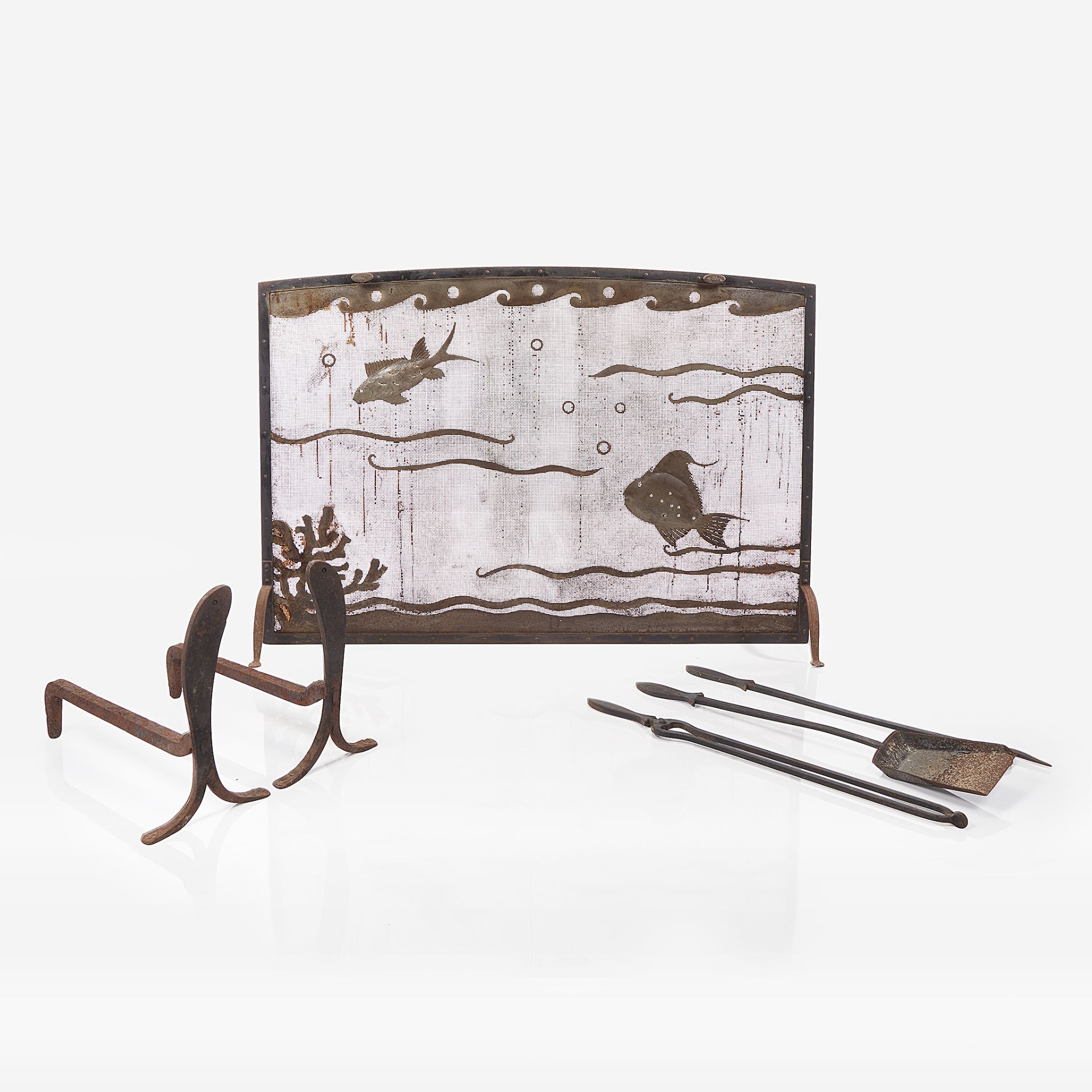 Stella Drabkin (Designer) and H.C. Cranmer (Maker), Wrought iron firescreen, andirons and set of fir