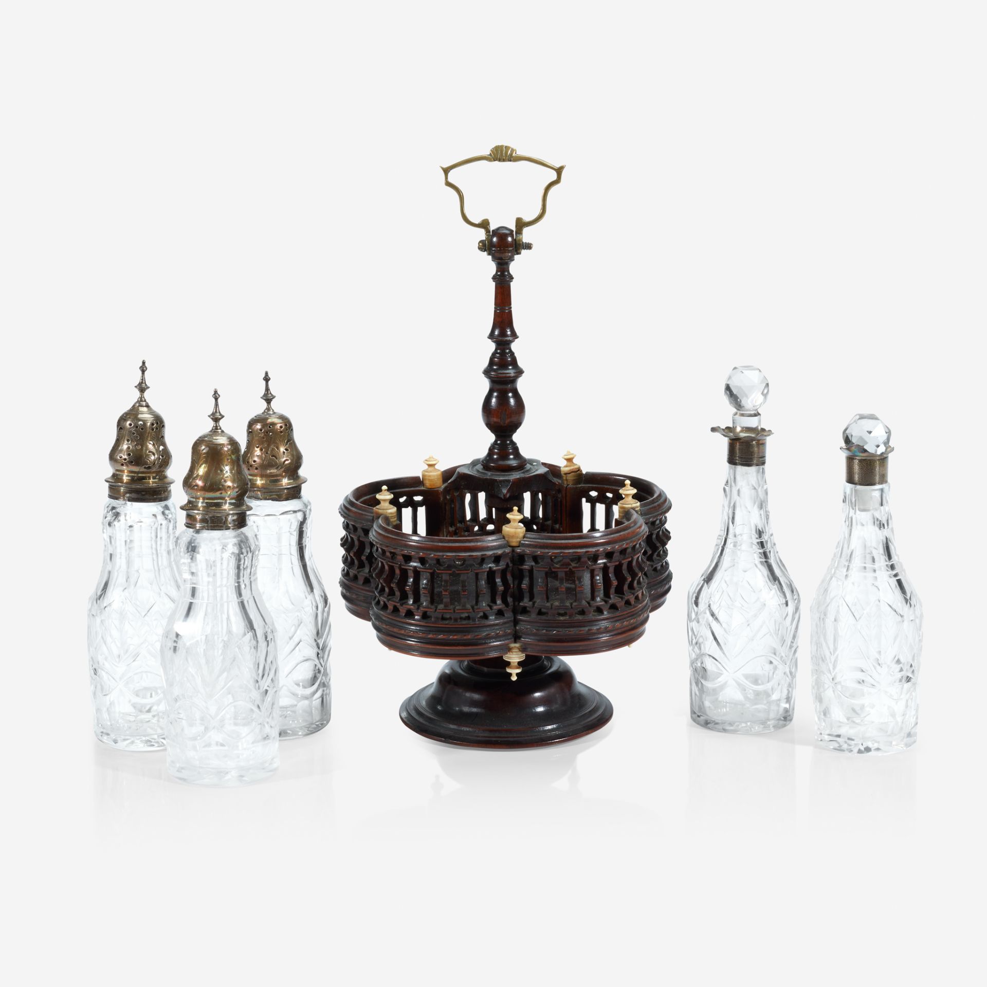 A William IV/Victorian silver mounted cruet set with brass-mounted mahogany stand, Maker's mark TC p - Image 2 of 2