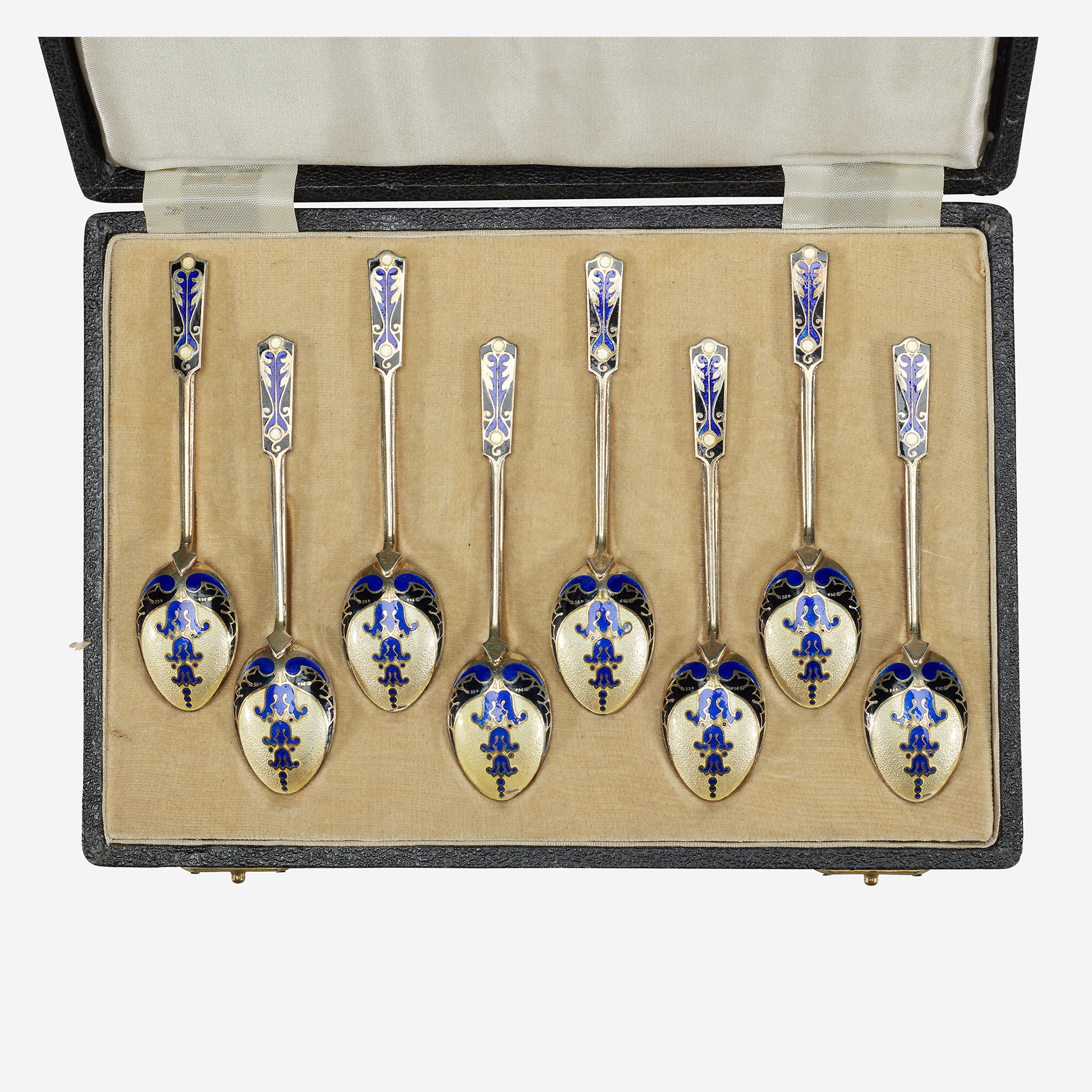 A cased set of English enameled sterling silver demitasse spoons, Turner & Simpson, Birmingham, earl - Image 2 of 3