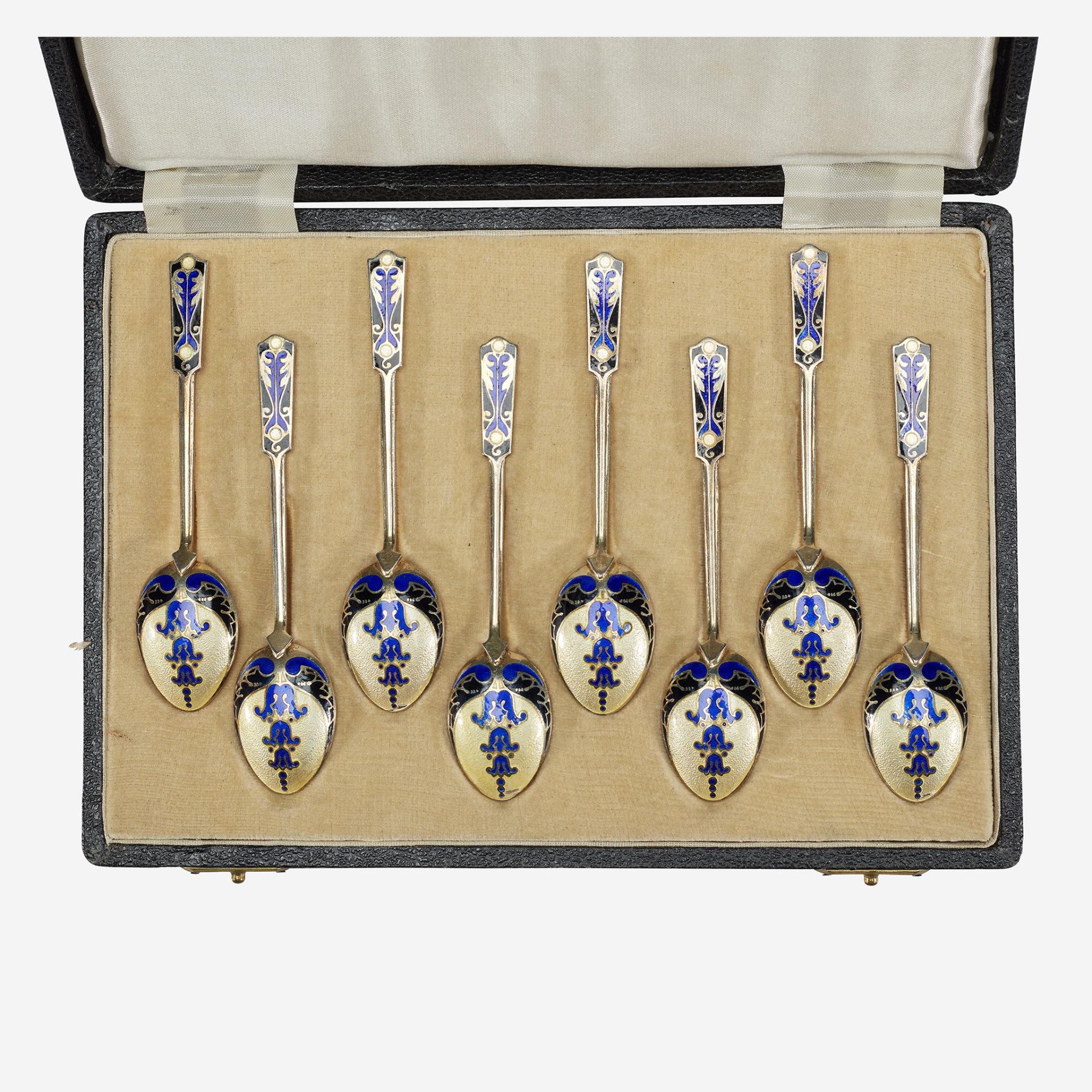 A cased set of English enameled sterling silver demitasse spoons, Turner & Simpson, Birmingham, earl - Bild 2 aus 3