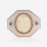 A Fabergé octagonal rose gold and diamond-set white champlevé enamel frame, Workmaster Henrik Wigstr