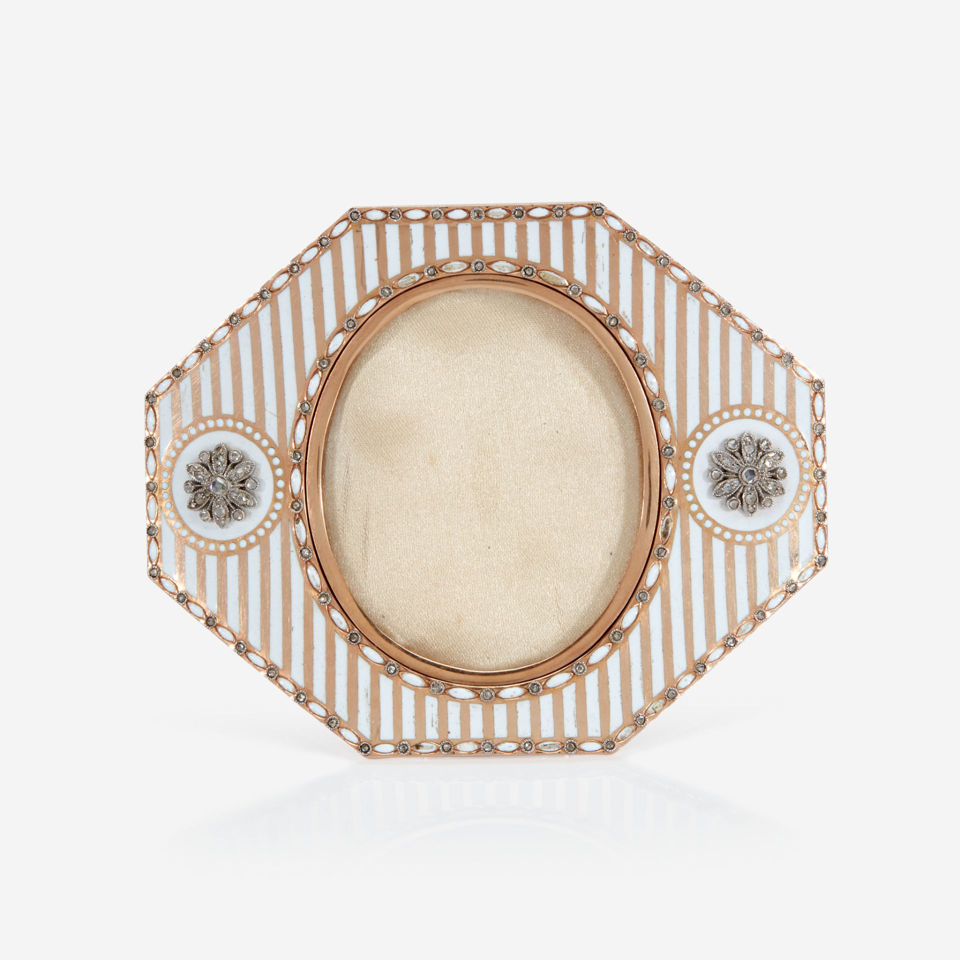 A Fabergé octagonal rose gold and diamond-set white champlevé enamel frame, Workmaster Henrik Wigstr