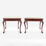 A pair of George II style marble-topped mahogany consoles with Calcatta gold marble tops, 20th centu