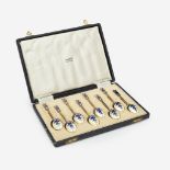 A cased set of English enameled sterling silver demitasse spoons, Turner & Simpson, Birmingham, earl