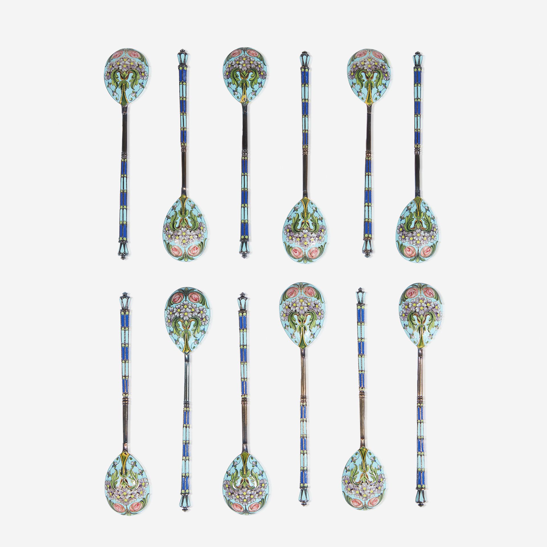 A group of twelve Russian silver-gilt and cloisonné enamel spoons, Ivan Khlebnikov, Moscow, circa 19