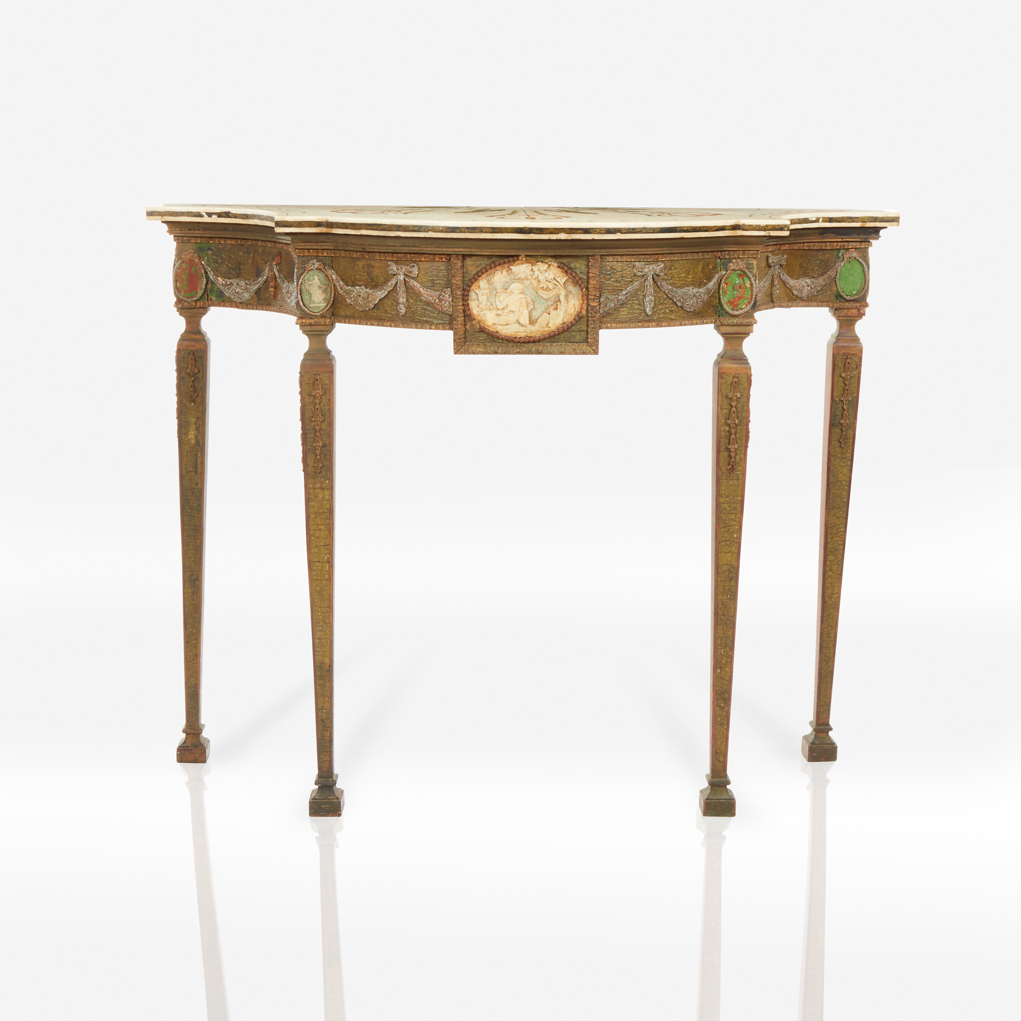 A George III Adamaesque polychrome decorated console with scagliola and white marble top, Circa 1800