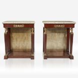 A pair of Empire style giltmetal-mounted mahogany consoles with marble tops, Maitland-Smith, 20th ce