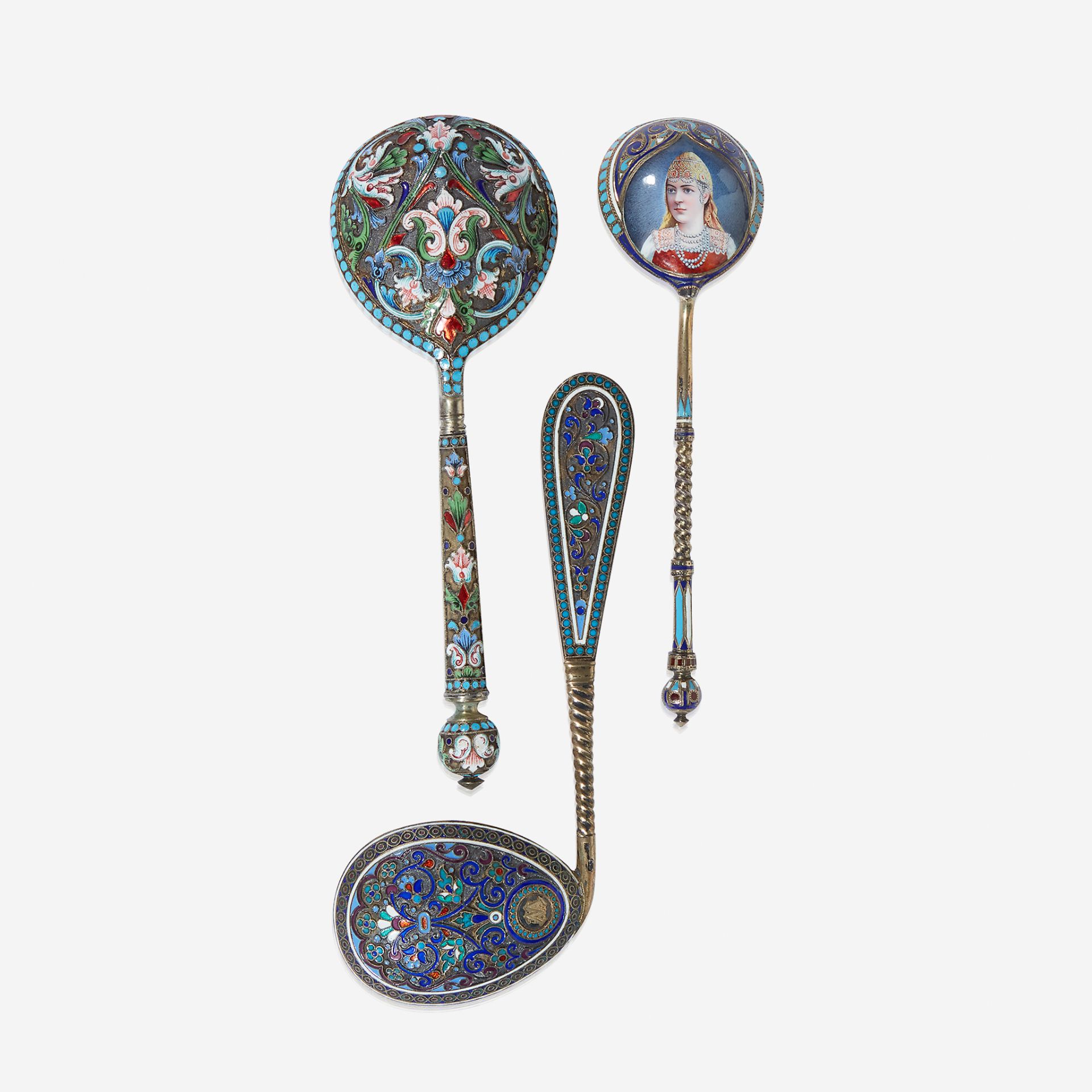 A group of twelve Russian silver-gilt and cloisonné enamel spoons, Ivan Khlebnikov, Moscow, circa 19 - Bild 3 aus 3