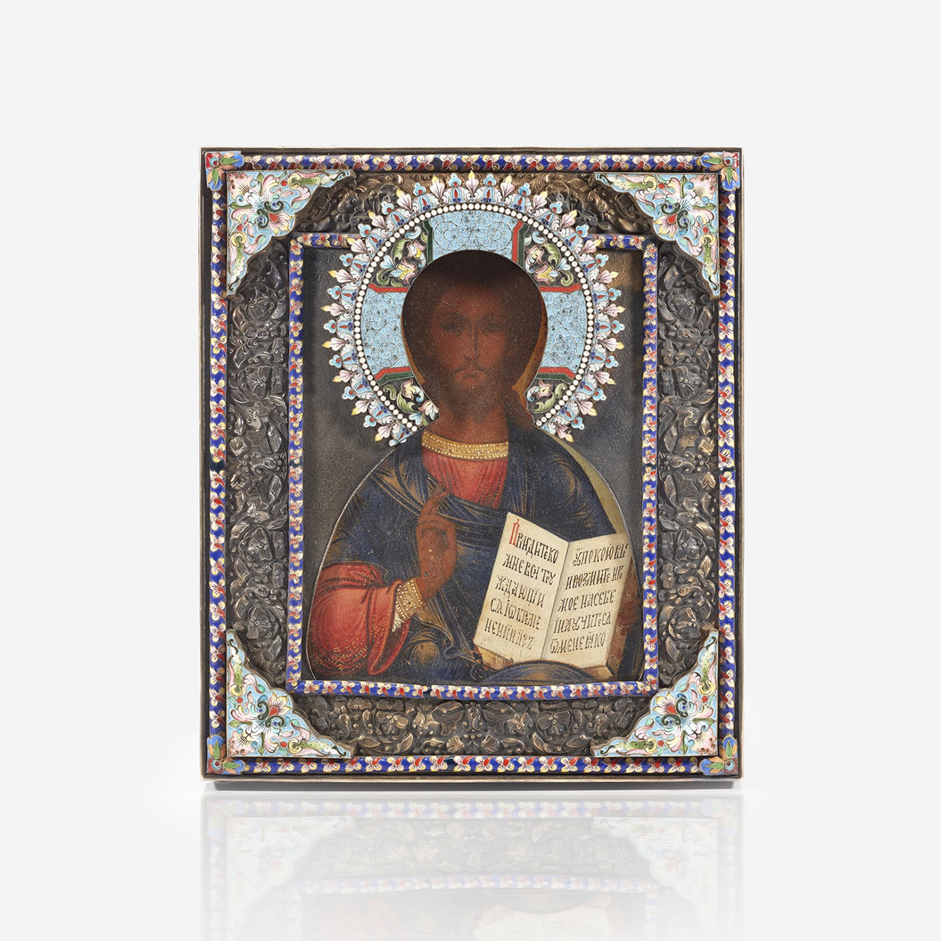 A Russian silver and cloisonné enamel icon of Christ Pantocrator, Unknown maker marked in Cyrillic S