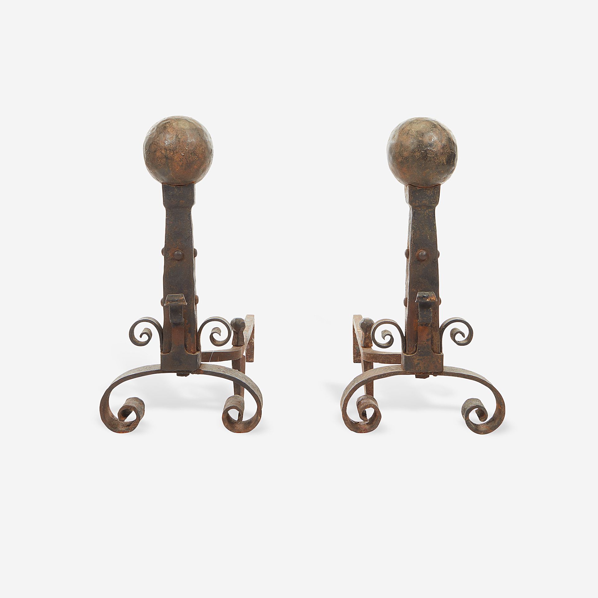 A pair of wrought iron andirons, Late 19th/early 20th century