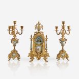 A Napoleon III Sèvres style porcelain-mounted gilt-metal three-piece clock garniture, Japy Frères, P