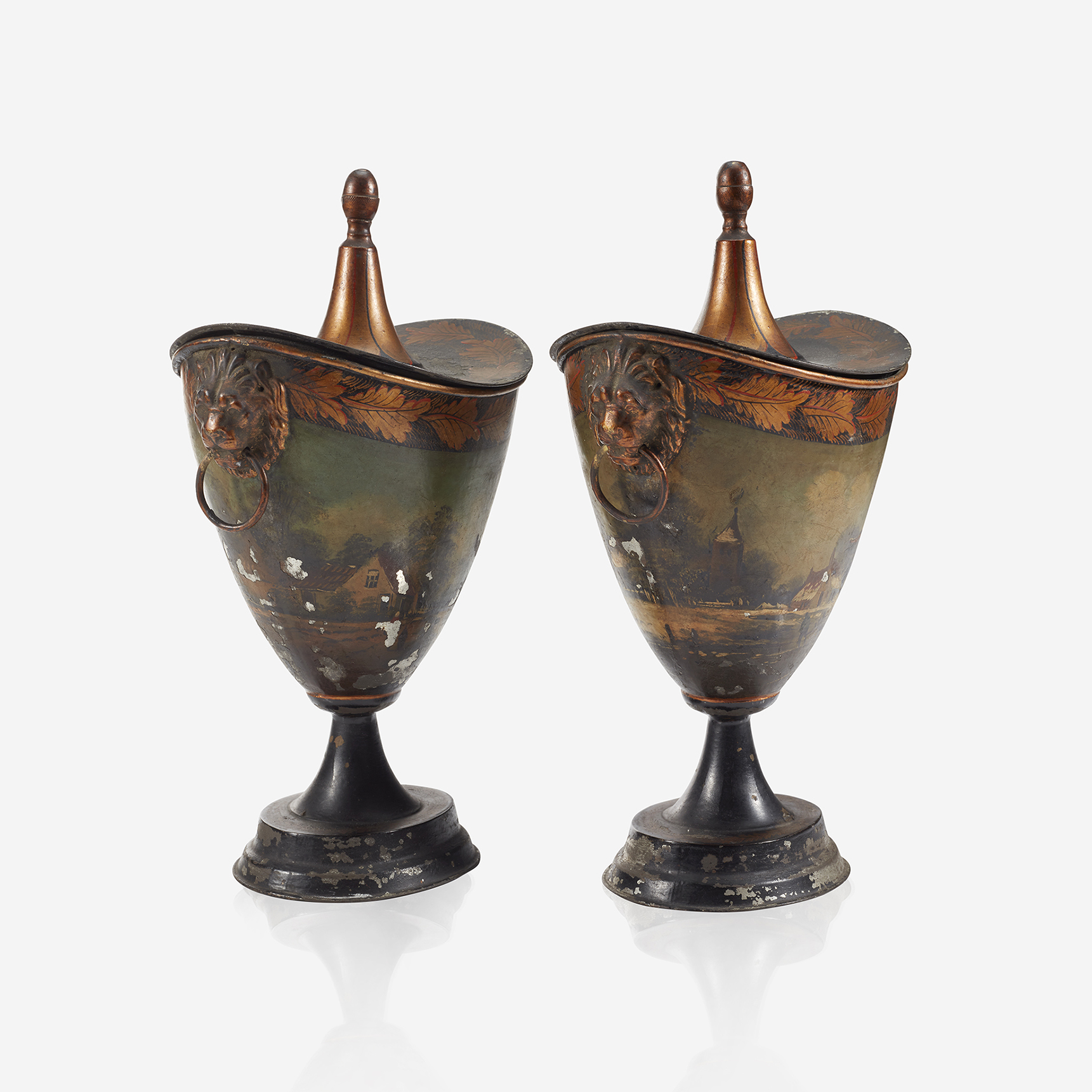 A pair of Regency tôle peinte chestnut urns and covers, First quarter 19th century