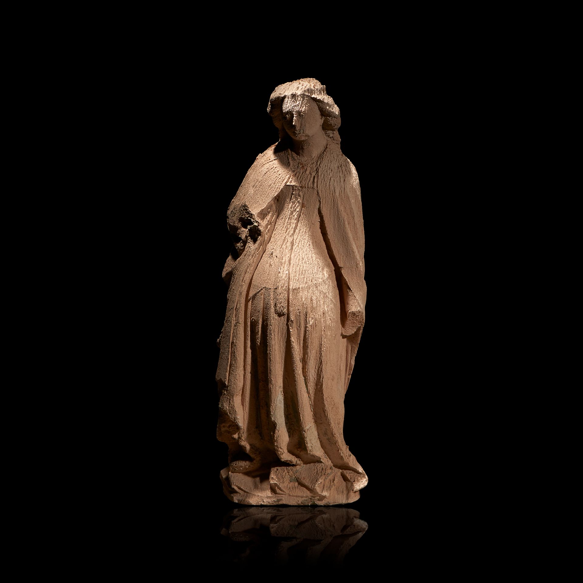 A Burgundian carved limestone portal or funerary figure, likely Catherine of Alexandria, First quart