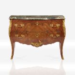 A Louis XV style gilt-metal mounted fruitwood marquetry and kingwood parquetry bombé commode with ma