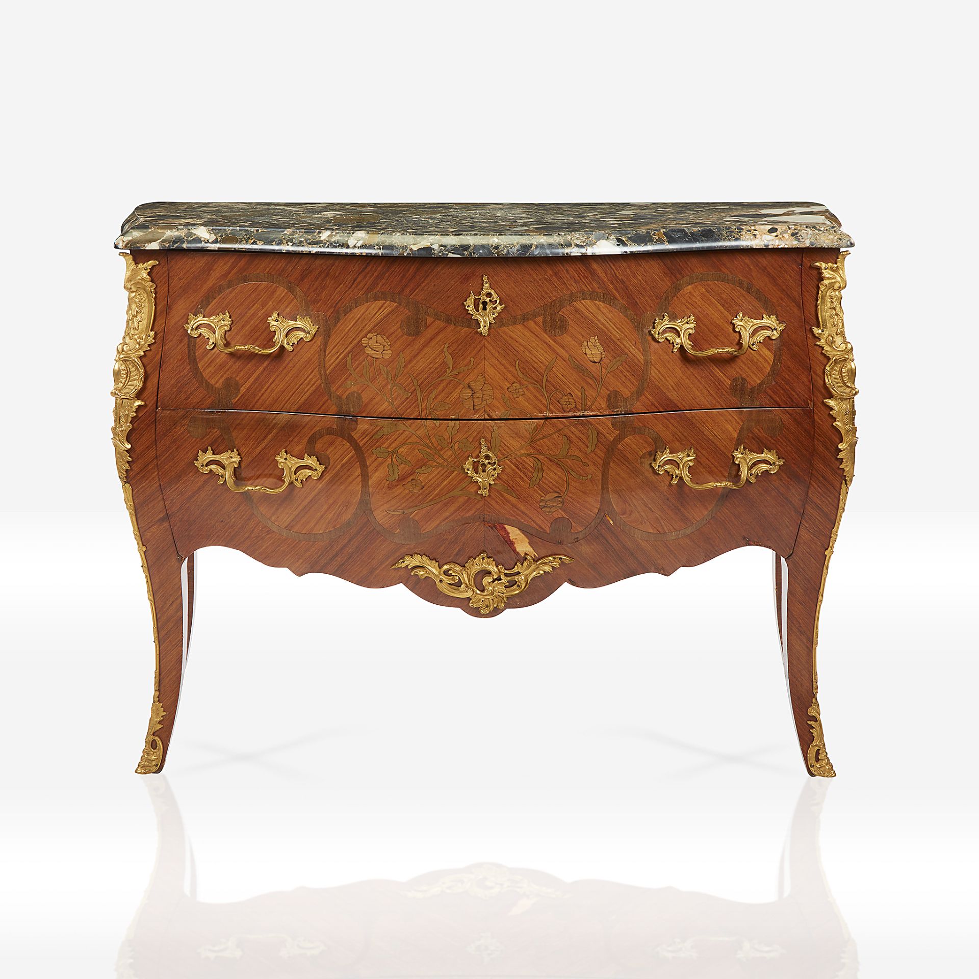 A Louis XV style gilt-metal mounted fruitwood marquetry and kingwood parquetry bombé commode with ma