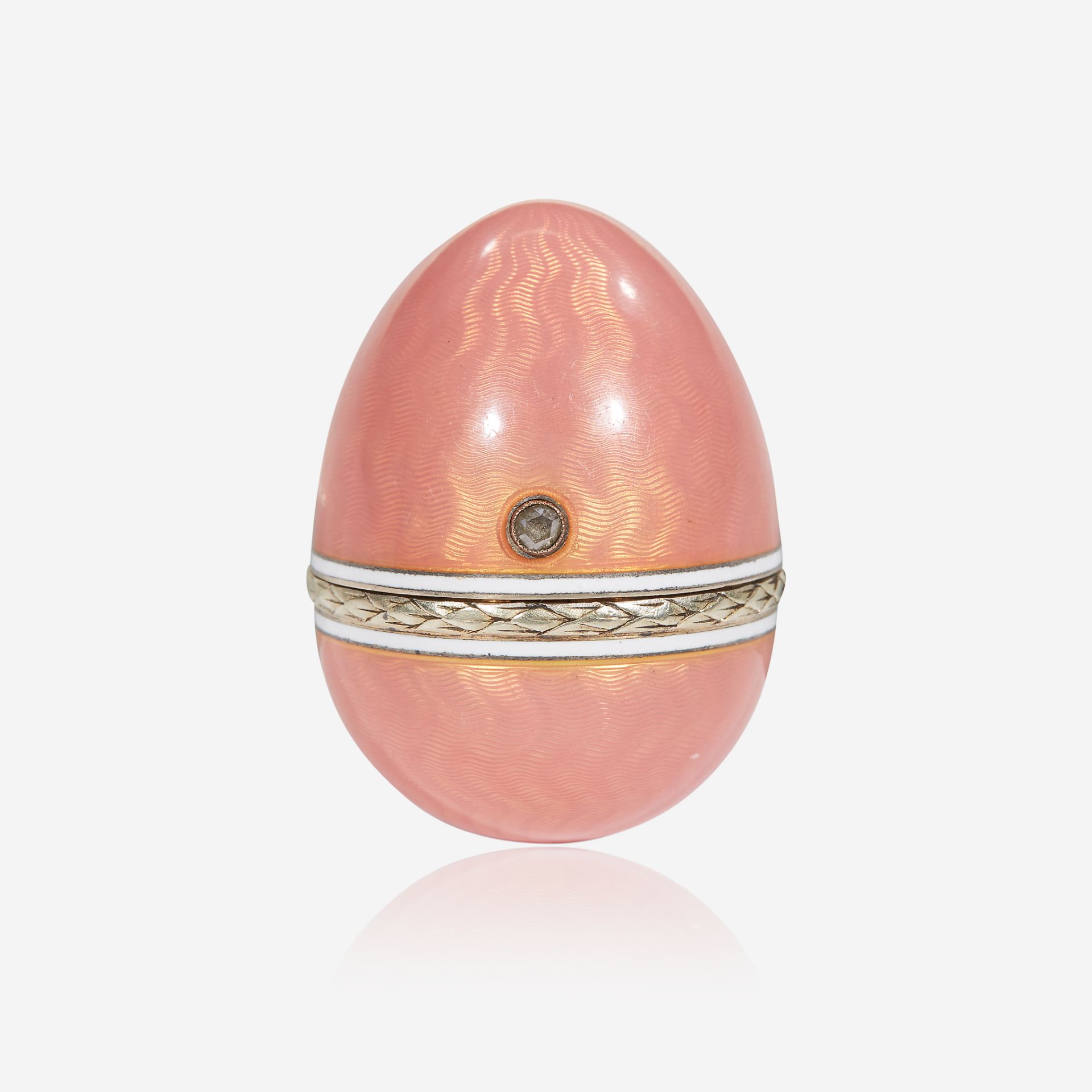 A Fabergé rose diamond-set silver-gilt guilloché-enameled egg-form bonbonnière, Workmaster Feodor Af