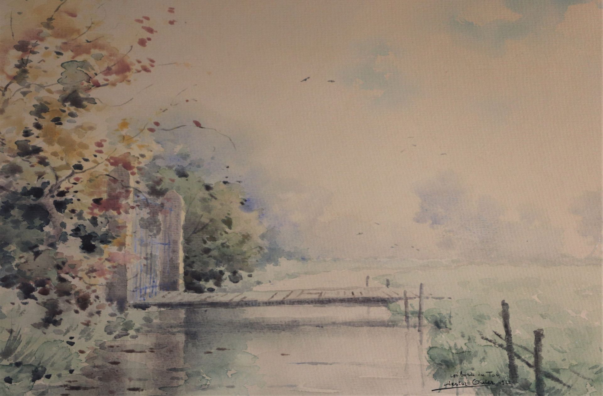 Nestor OUTER (1865-1930). Les bords du Ton. Aquarelle signée, titrée et datée 1922 [...]