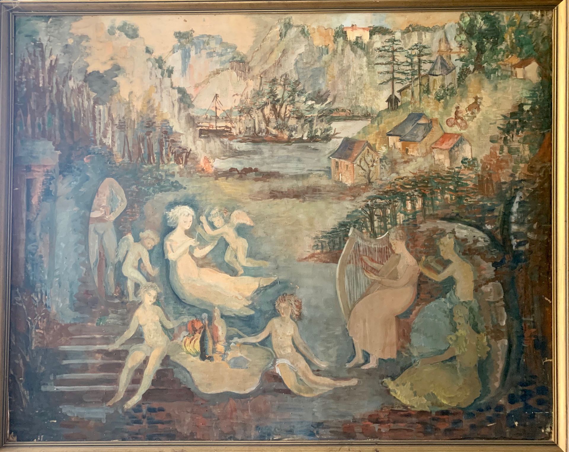 Ecole belge du XXème siècle. Composition onirique. Gouache sur toile fine. 80 x 100cm -