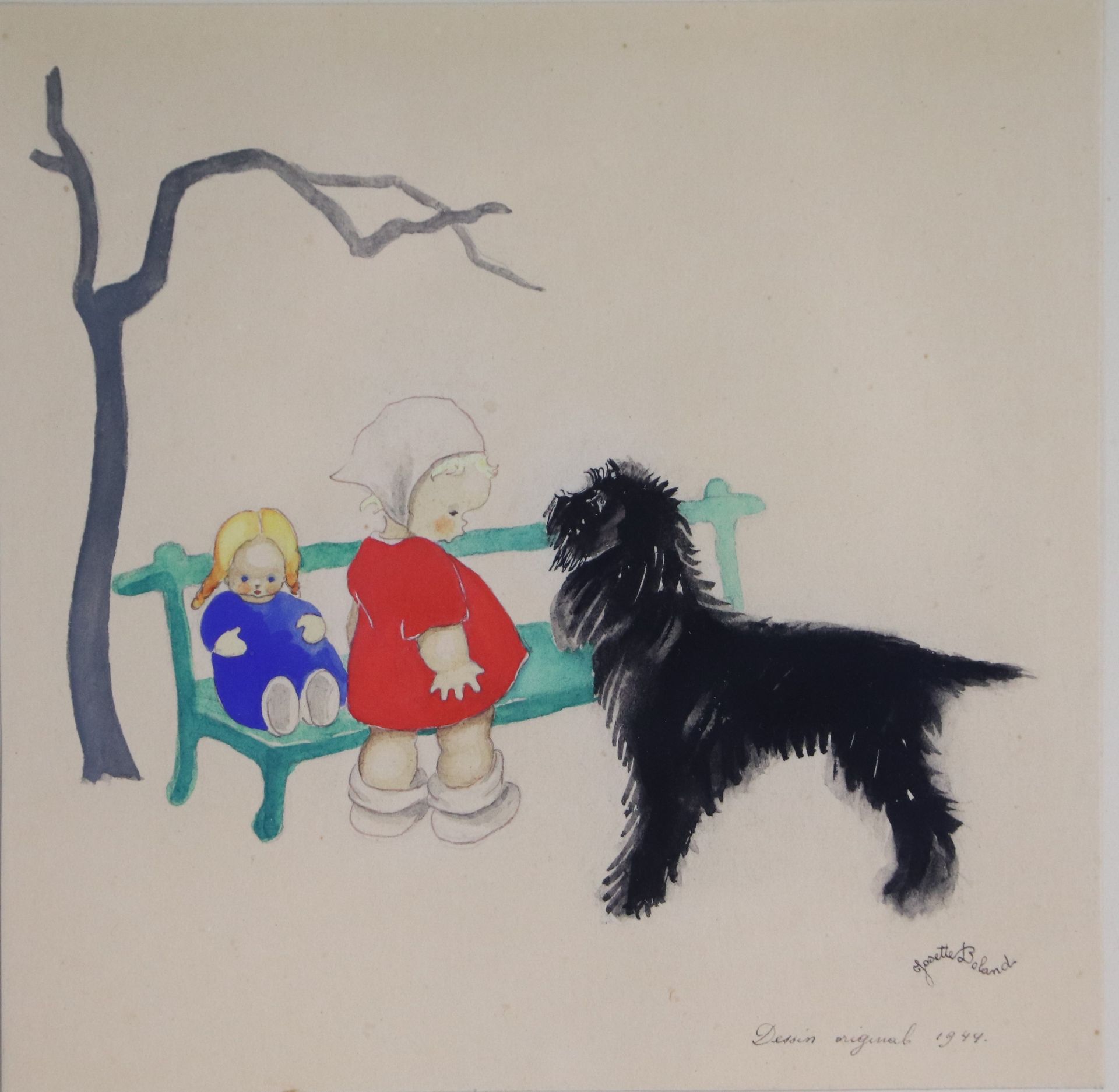 Josette BOLAND (née en 1920). Chien, enfant et poupée sur un banc. Encre et [...] - Image 3 of 10