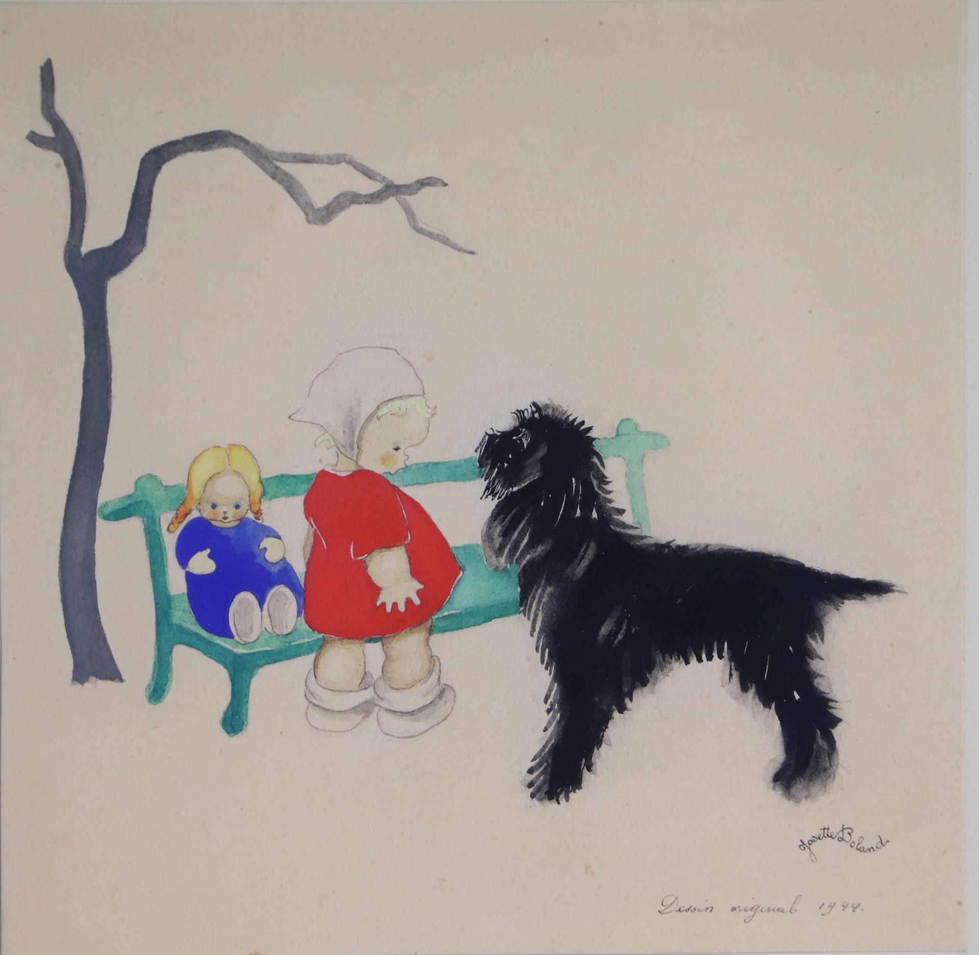 Josette BOLAND (née en 1920). Chien, enfant et poupée sur un banc. Encre et [...] - Bild 3 aus 10