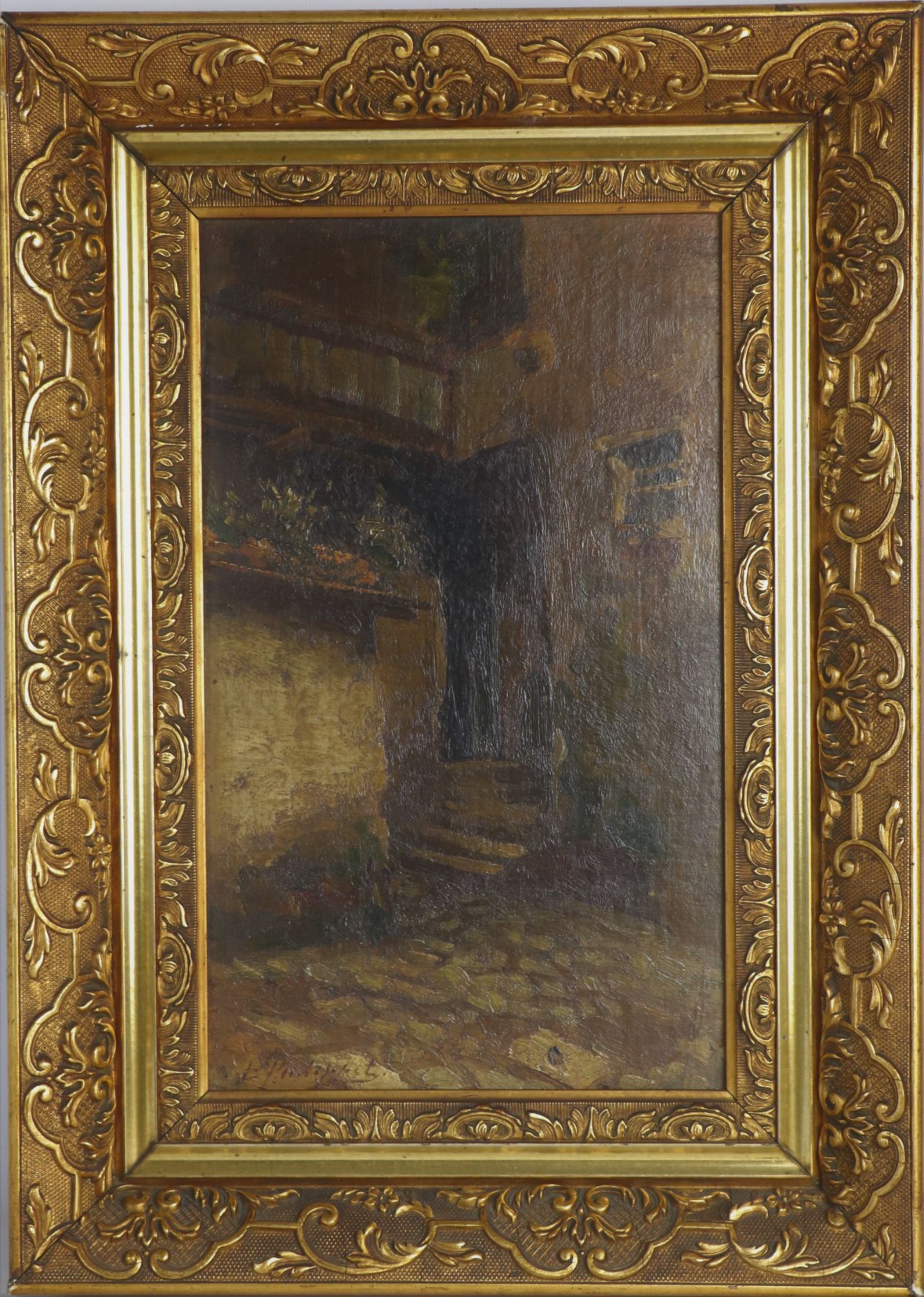 Léon PHILIPPET (1843-1906). Cour intérieure. Huile sur panneau, signée en bas à [...]