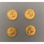 Lot de 4 pièces en or jaune de 8 florins (20 Francs) 1892 à l’effigie de [...]